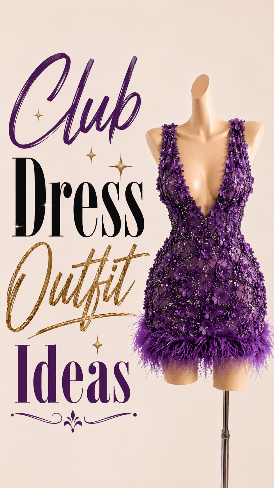 Deep purple floral embellished club mini dress with feather trim