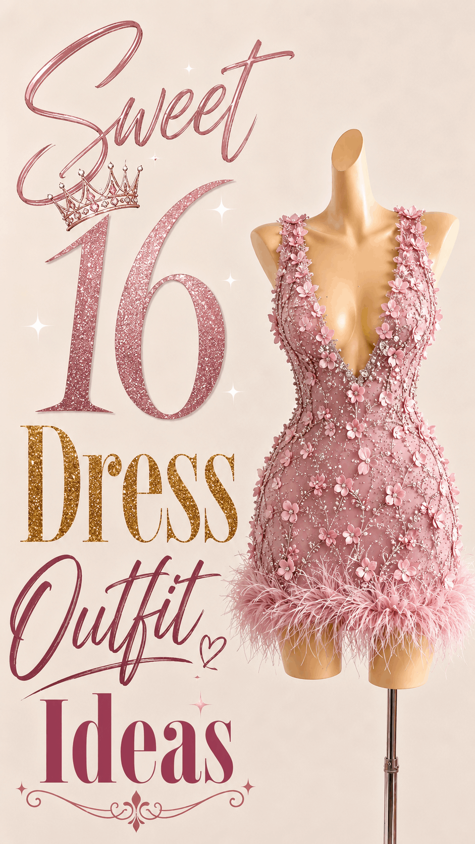 Pink floral embellished sweet sixteen mini dress with feather hem