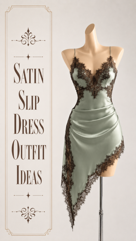 Sage satin slip dress with black lace outfit idea