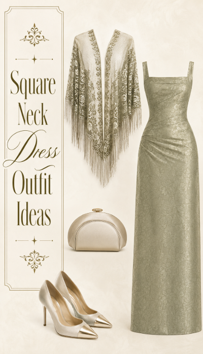 Sage square neck evening dress outfit with lace shawl clutch and heels