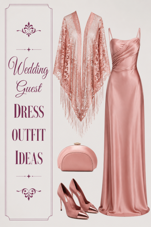 Blush wedding guest dress outfit with lace shawl clutch and heels
