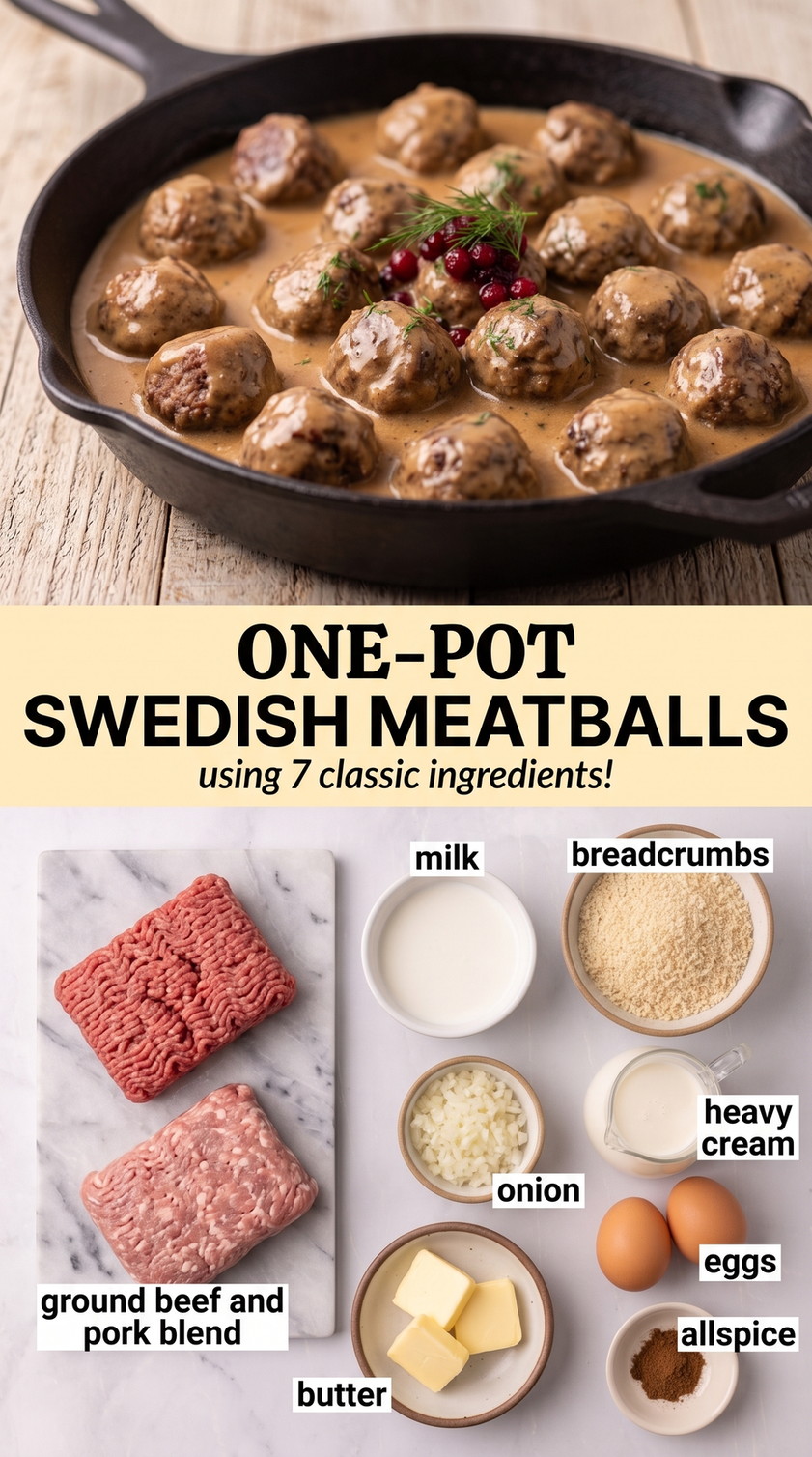 One-pot Swedish meatballs finished dish made with ground beef and pork blend, milk, and breadcrumbs