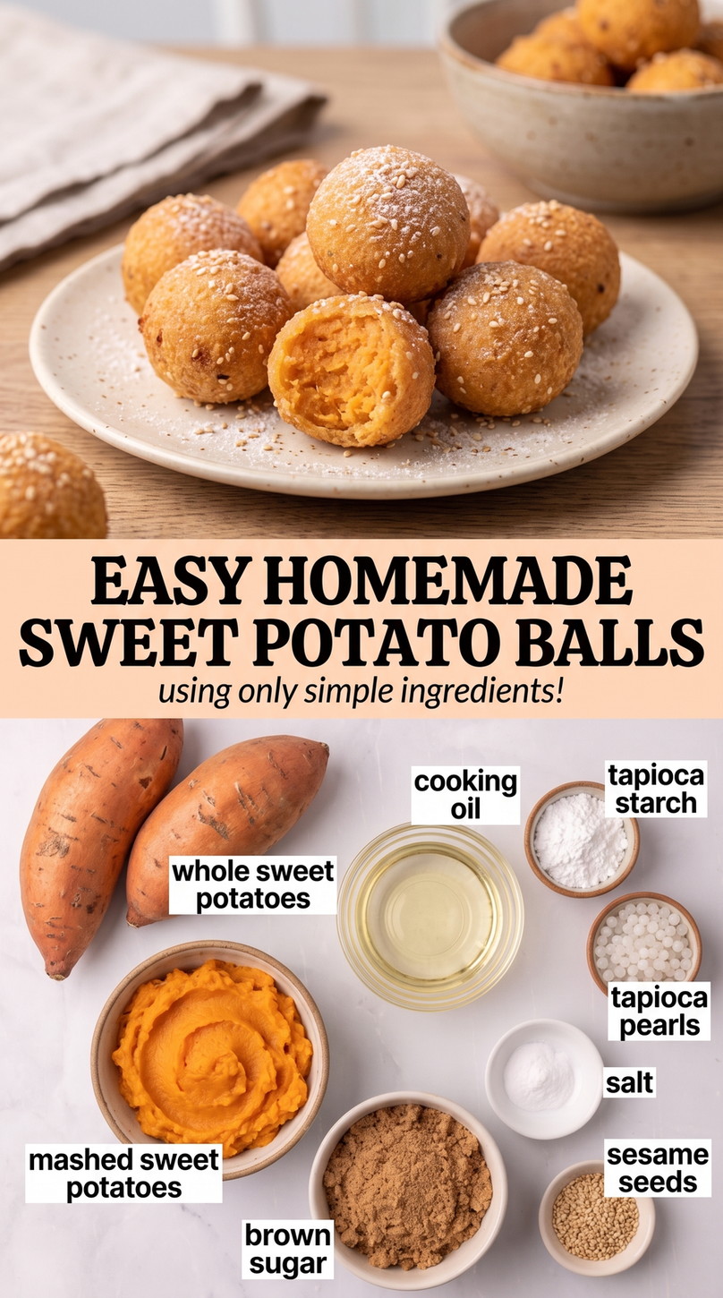 Sweet potato balls recipe finished dish made with whole sweet potatoes, mashed sweet potatoes, and cooking oil
