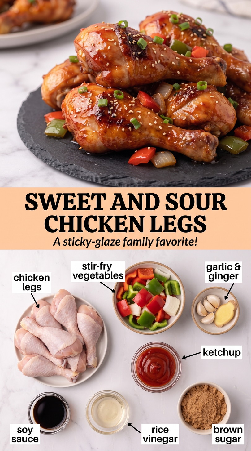 Sweet and sour chicken drumsticks finished dish made with chicken legs, bell peppers, and onion