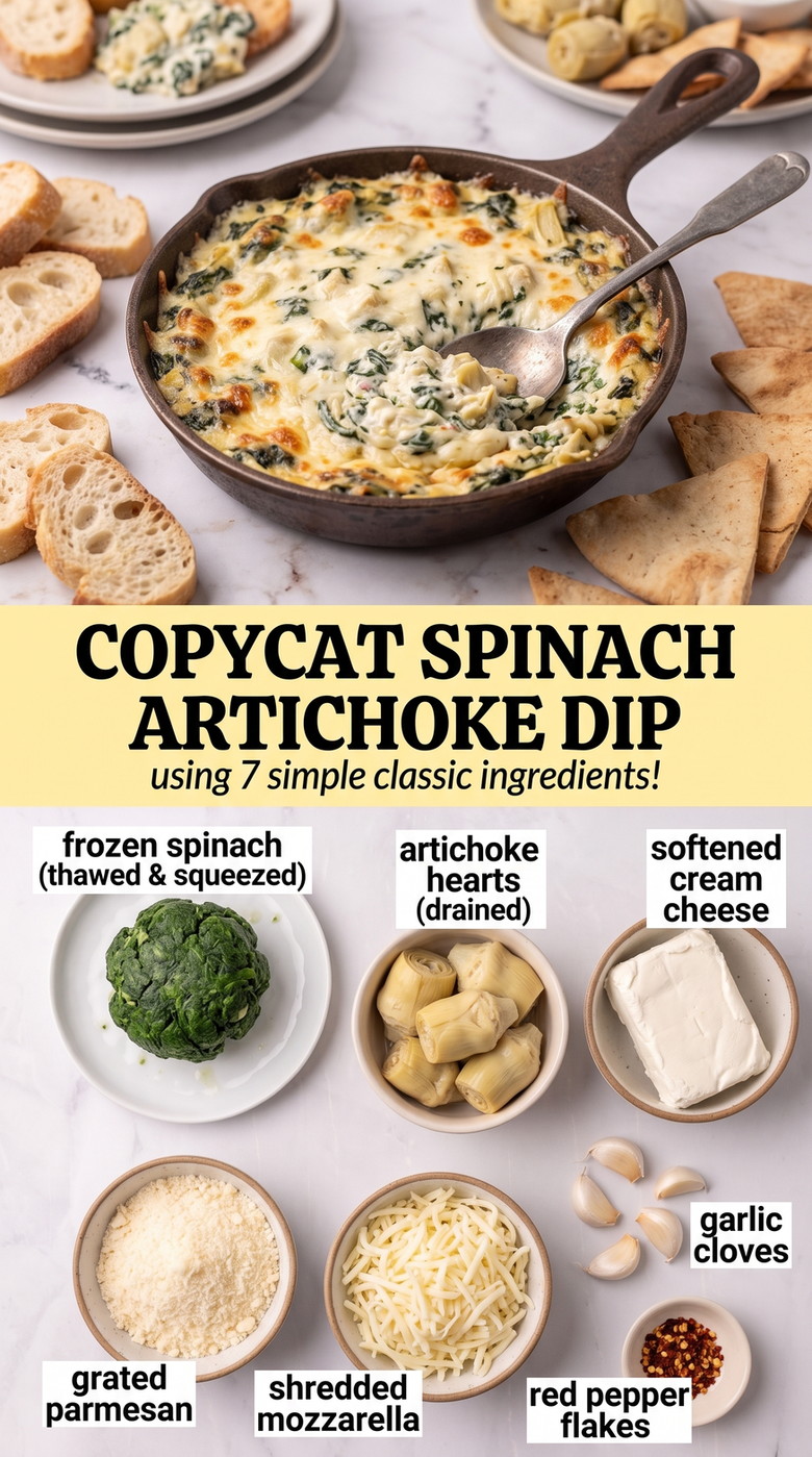 Copycat spinach artichoke dip finished dish made with frozen spinach, artichoke hearts, and softened cream cheese