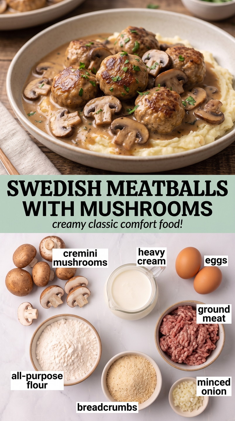 Swedish meatballs with mushrooms finished dish made with cremini mushrooms, heavy cream, and eggs