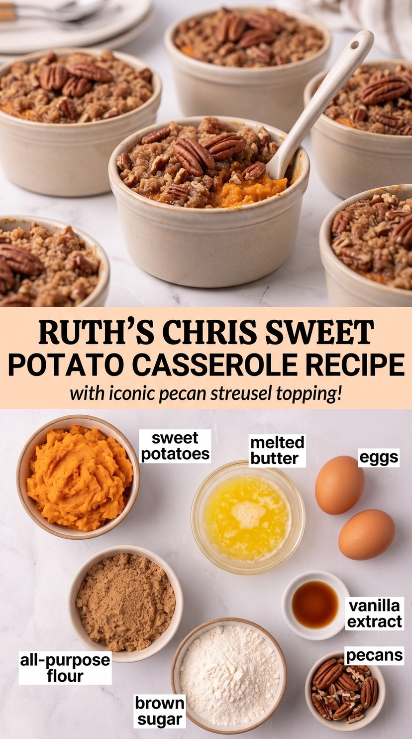 Ruth's Chris sweet potato casserole recipe finished dish made with sweet potatoes, melted butter, and eggs
