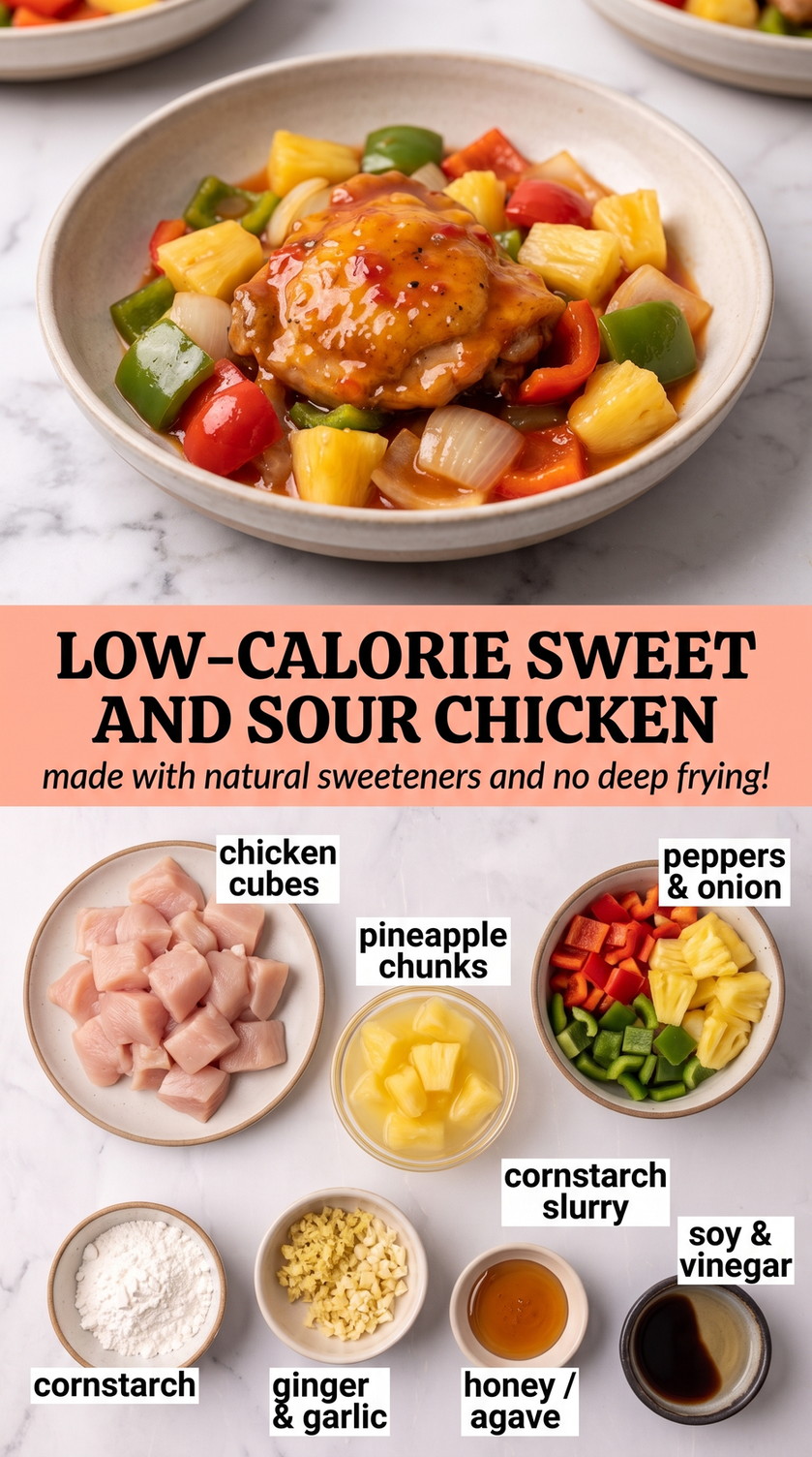 Low-calorie sweet and sour chicken finished dish made with chicken cubes, pineapple chunks, and bell peppers