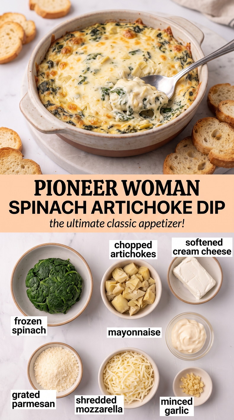 Pioneer Woman spinach artichoke dip finished dish made with frozen spinach, chopped artichokes, and softened cream cheese