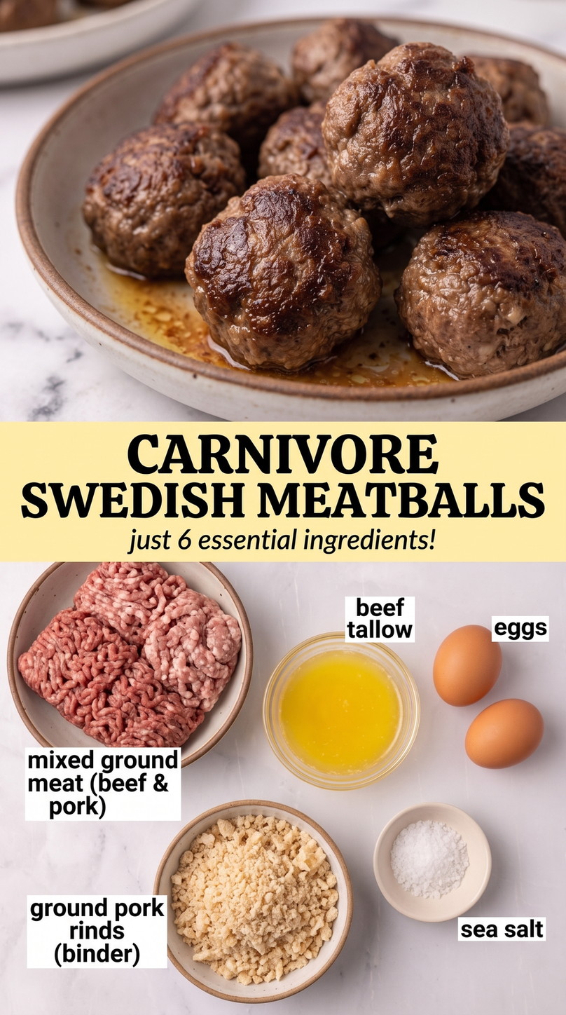 Carnivore Swedish meatballs finished dish made with mixed ground beef and pork, beef tallow, and eggs