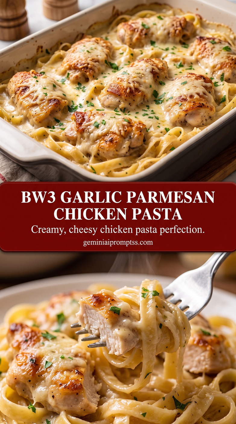 Bw3 garlic parmesan chicken pasta showing creamy chicken Alfredo pasta with a glossy Parmesan sauce