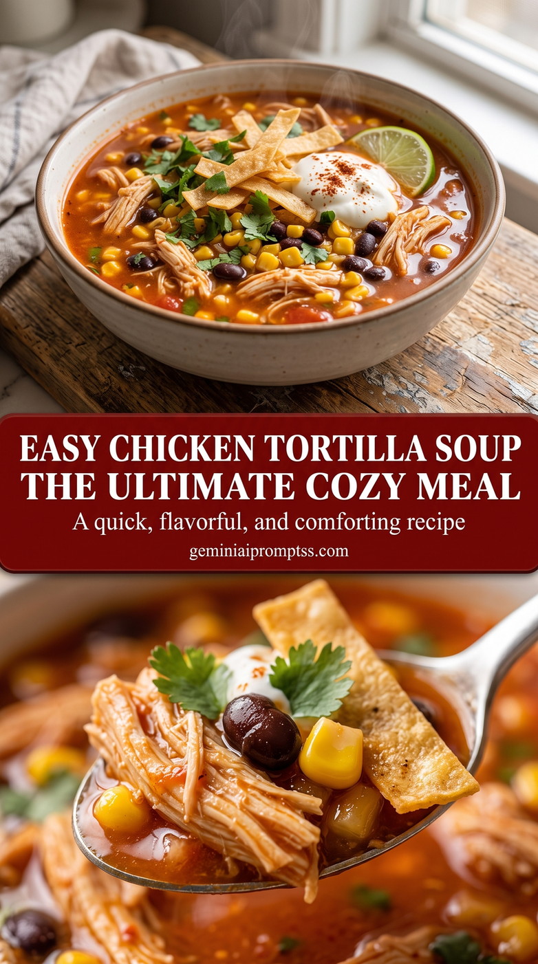Easy Chicken Tortilla Soup with red chicken tortilla soup with black beans, corn, crisp tortilla strips, avocado, and fresh green garnish