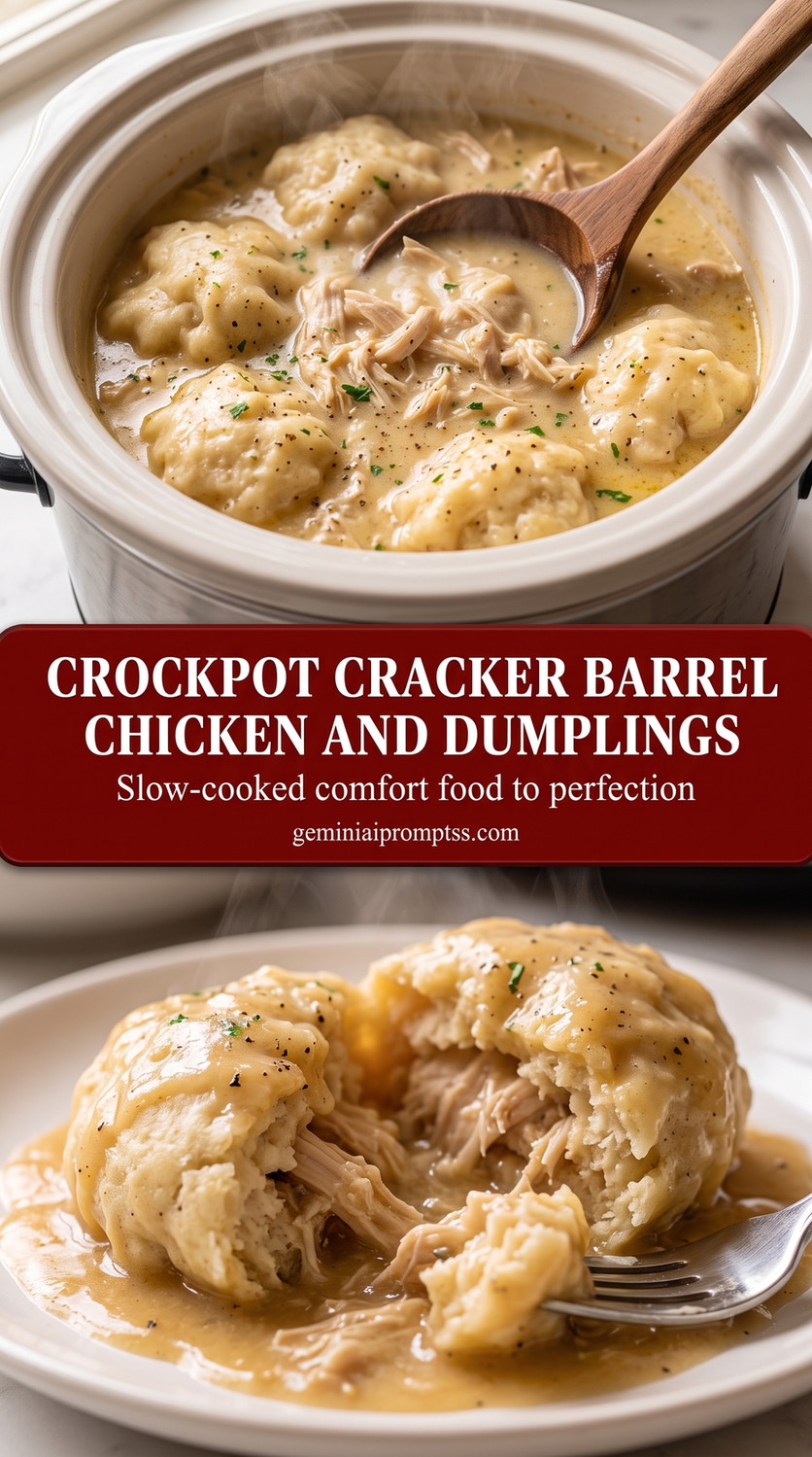 crockpot Cracker Barrel chicken and dumplings with a pale creamy chicken and dumplings dish with shredded chicken, pepper, herbs, and soft dumplings