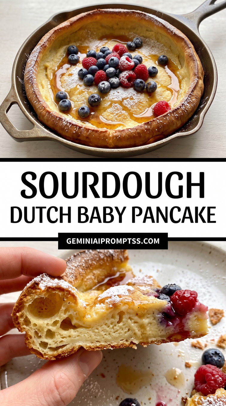 Sourdough Dutch Baby Pancake showing puffed sourdough Dutch baby with browned rim and mixed berries