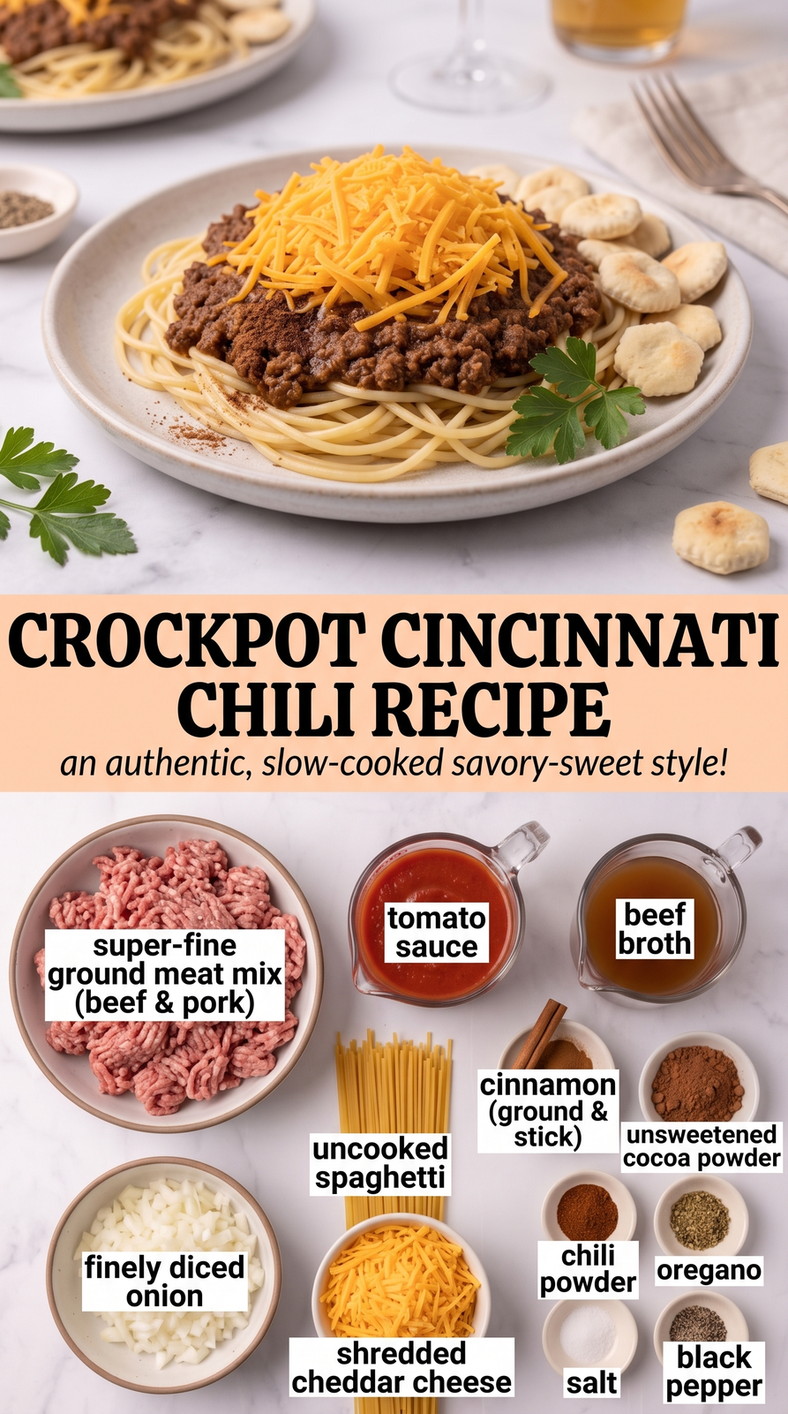 Crockpot Cincinnati Chili Recipe with Cincinnati chili over spaghetti with cheddar, onion, warm cinnamon, cocoa, and chili spices