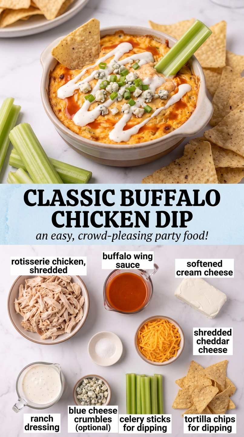 Easy Super Bowl Party Food showing hot buffalo chicken dip with melted cheese, scallions, chips, and celery