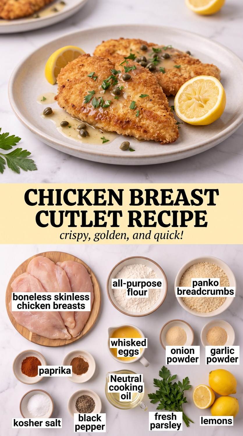 Juicy Pan-Seared Chicken Breast Cutlets prepared as a finished chicken breast cutlet recipe recipe with browned cutlets ready to serve
