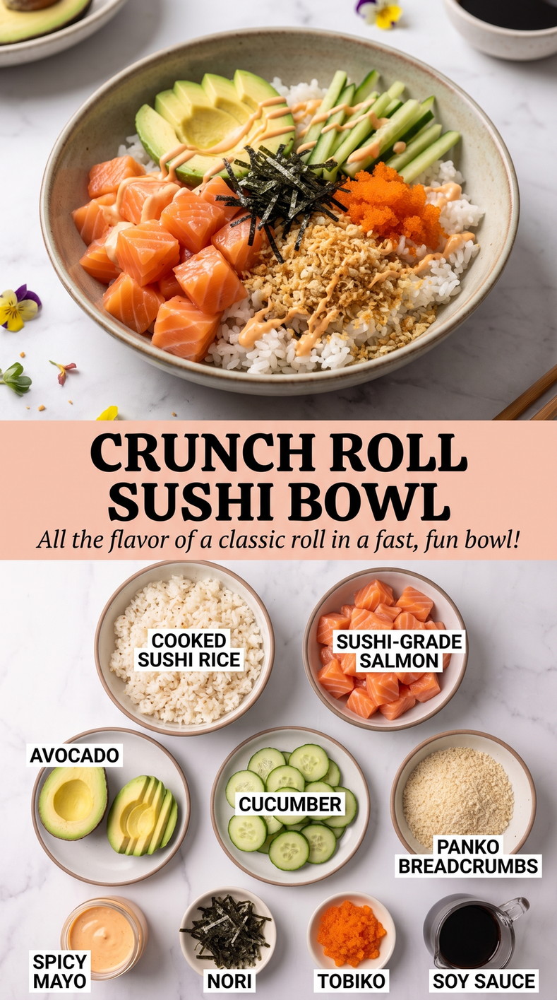 Crunch Roll Sushi Bowl showing salmon, sushi rice, avocado, cucumber, toasted panko, spicy mayonnaise, nori, roe, and sesame