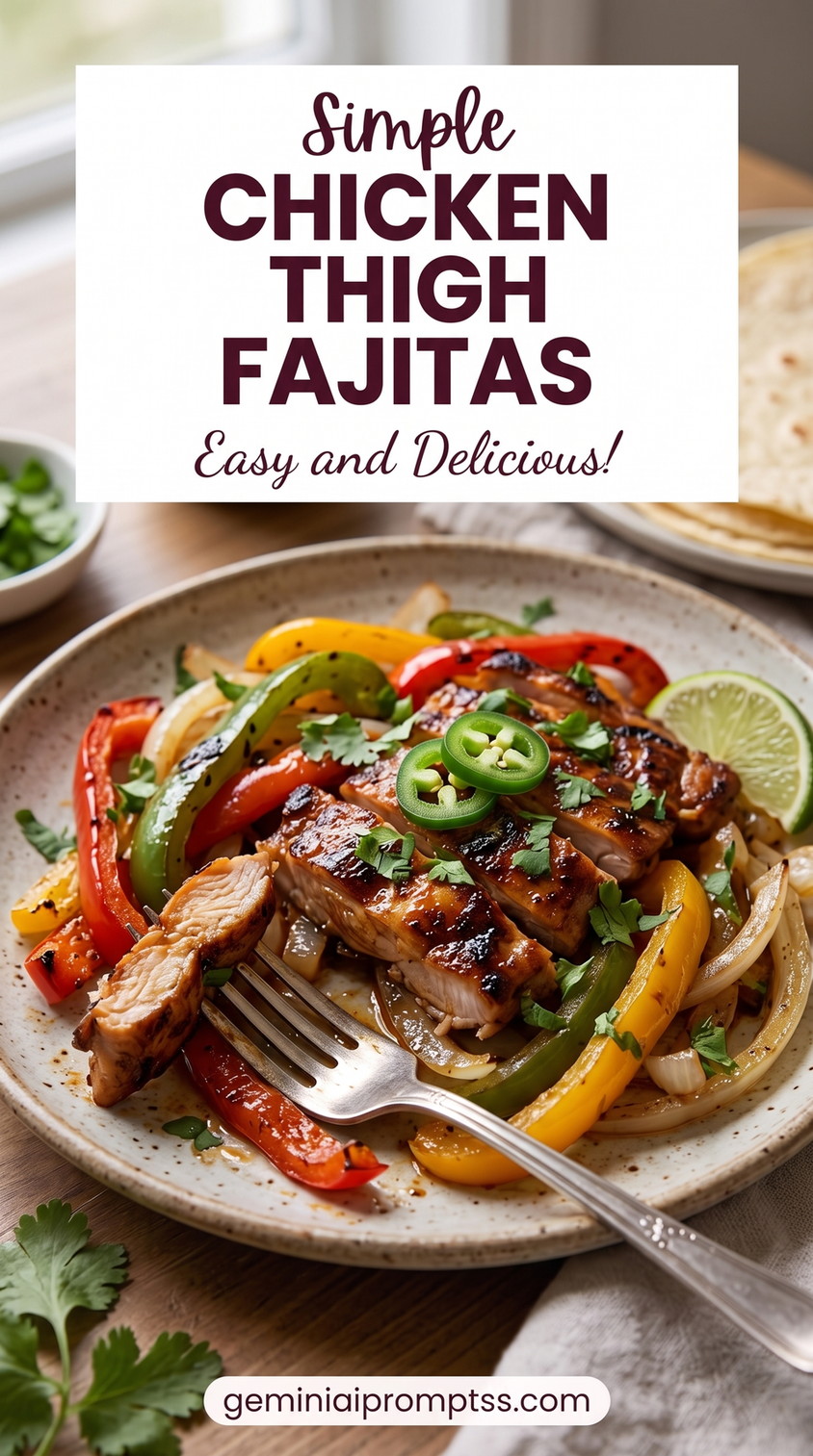 Chicken Thigh Fajita Recipe with sliced boneless chicken thighs, colorful bell peppers, onions, lime, and browned fajita-style edges