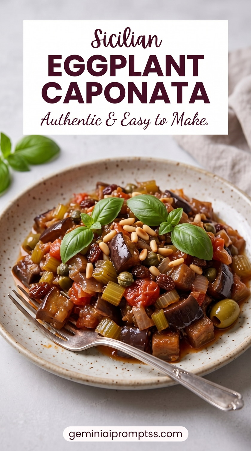 Sicilian Eggplant Caponata showing chunky caponata with eggplant, tomato, celery, olives, pine nuts, and basil