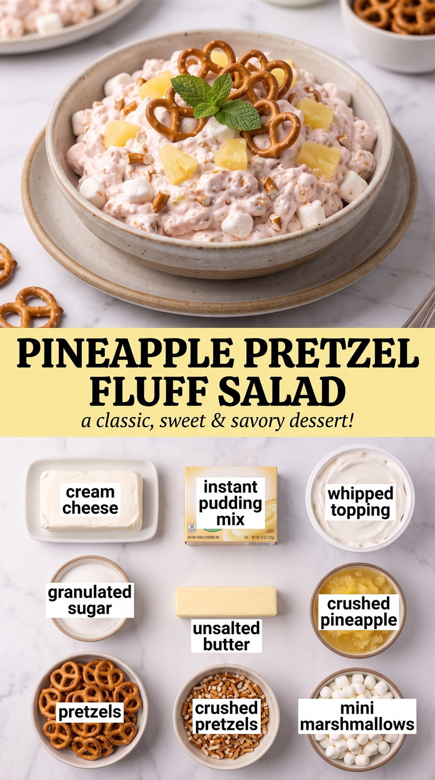 Pineapple Pretzel Fluff Salad with pineapple pretzel fluff with cream cheese, vanilla pudding, whipped topping, marshmallows, and salty pretzels