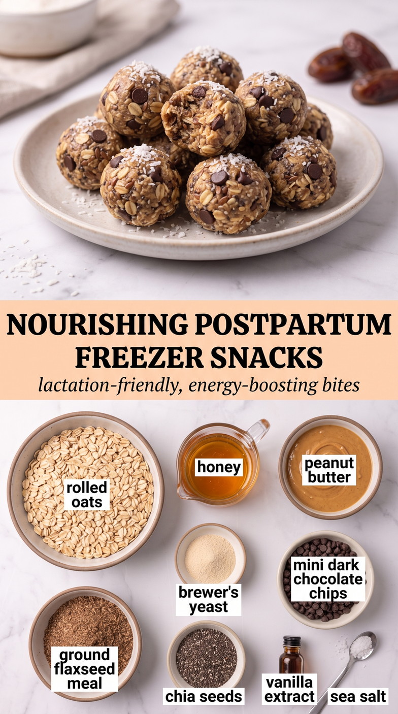 Postpartum Freezer Snacks showing freezer-friendly oat, peanut-butter and chocolate energy bites
