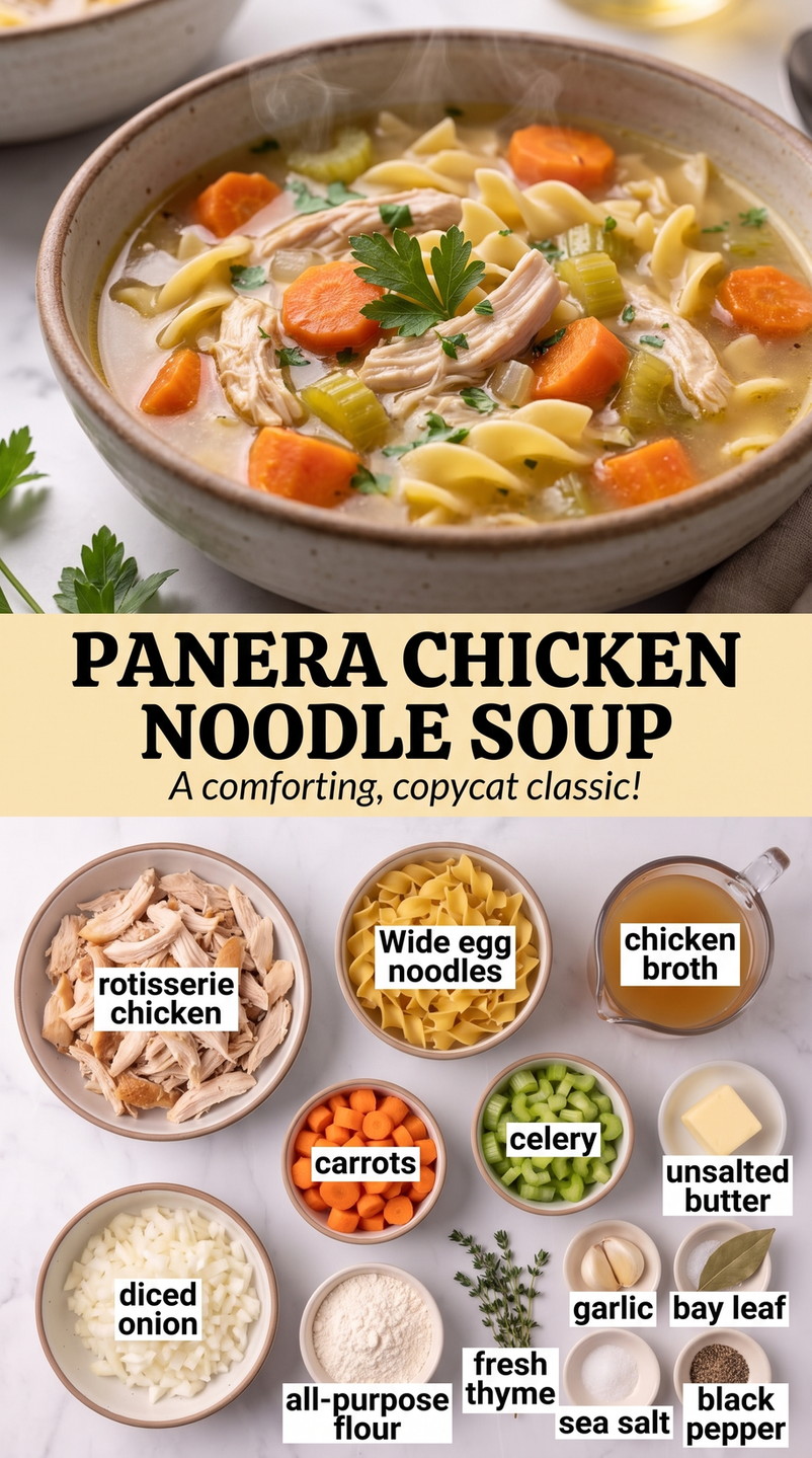 Panera chicken noodle soup showing golden chicken broth with noodles, carrots, celery, and tender chicken
