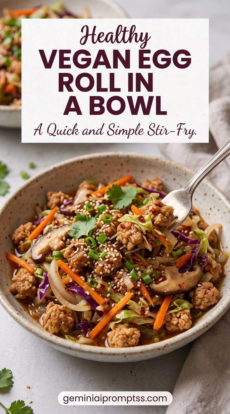 Vegan Egg Roll in a Bowl showing extra-firm tofu with cabbage, carrots, onion, ginger, garlic, scallions, sesame, and savory sauce