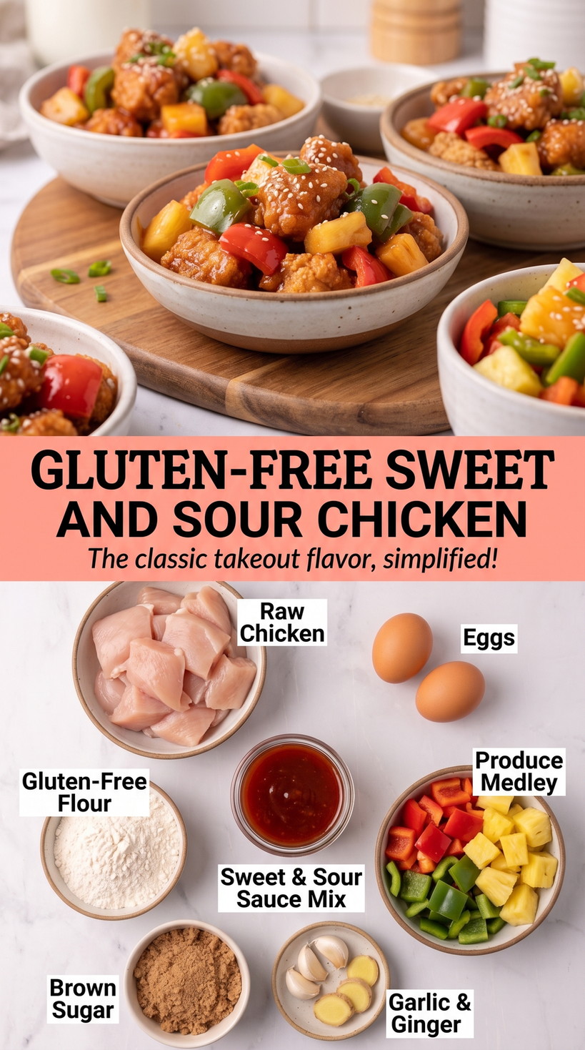 Gluten-free sweet and sour chicken finished dish made with raw chicken, eggs, and gluten-free flour