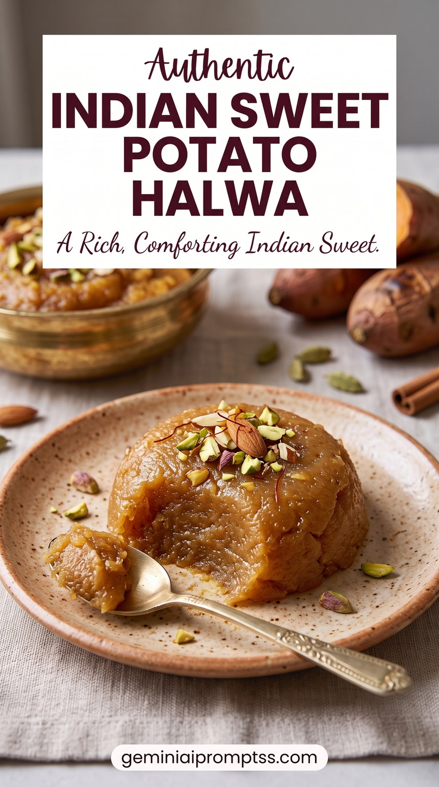 Indian sweet potato recipe showing a rich spoonable halwa finished with pistachios, almonds, cardamom, and saffron