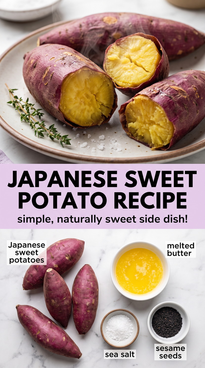 Japanese sweet potato recipe finished dish made with Japanese sweet potatoes, melted butter, and sea salt