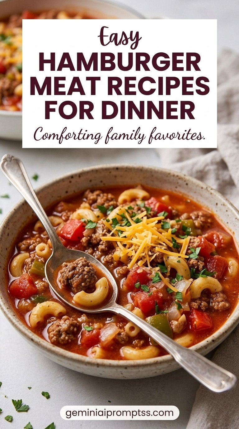 Hamburger Meat Recipes for Dinner showing a tomato-rich hamburger macaroni bowl with ground beef, elbow pasta, peppers, cheddar, and green herbs