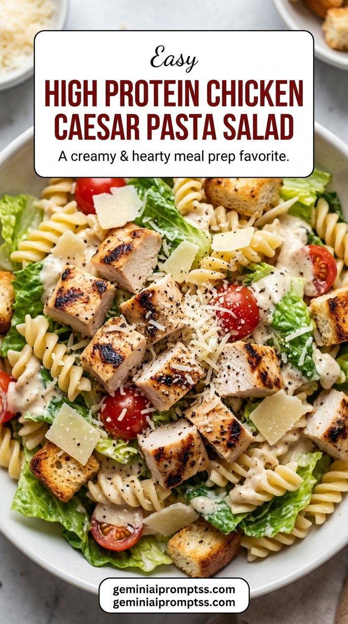 High Protein Chicken Caesar Pasta Salad with golden chicken, crisp romaine, Parmesan, creamy Caesar-style dressing, and crunchy elements such as croutons or toasted bread