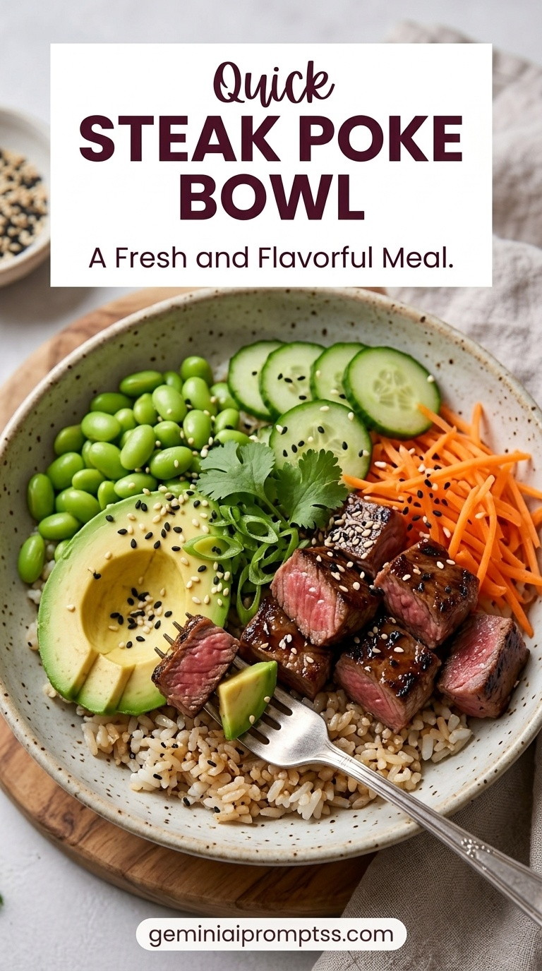 Steak Poke Bowl showing seared steak, rice, avocado, cucumber, mango, edamame, cabbage, carrots, and sesame