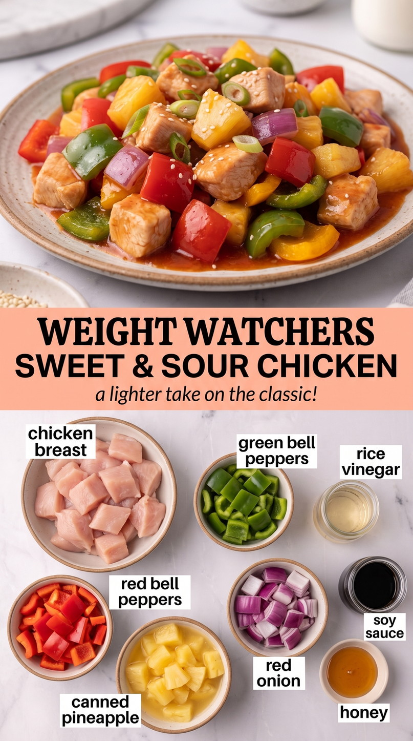 Weight Watchers sweet and sour chicken finished dish made with chicken breast, green bell peppers, and red bell peppers