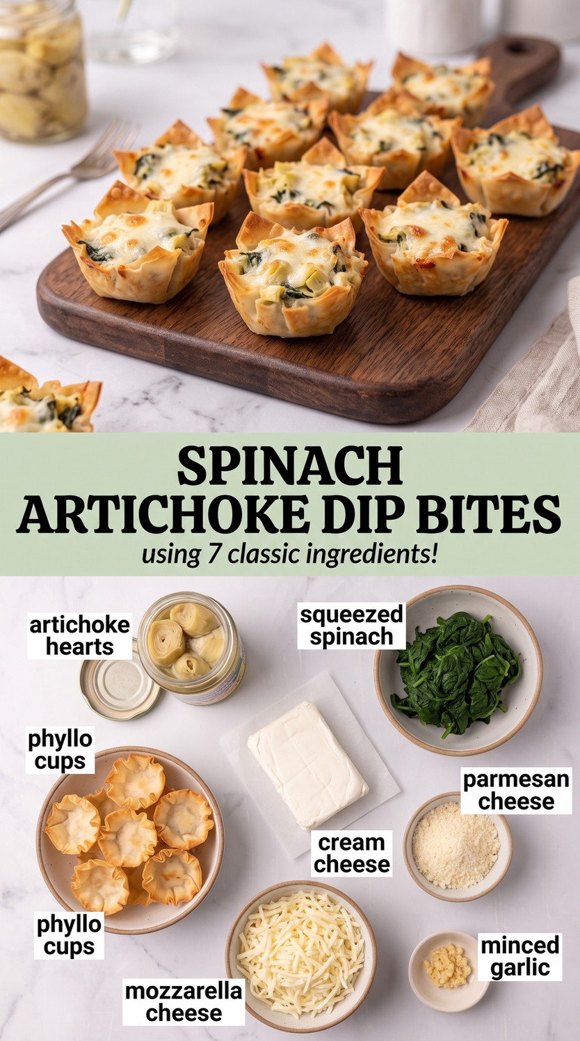 Spinach artichoke dip bites finished dish made with artichoke hearts, squeezed spinach, and phyllo cups