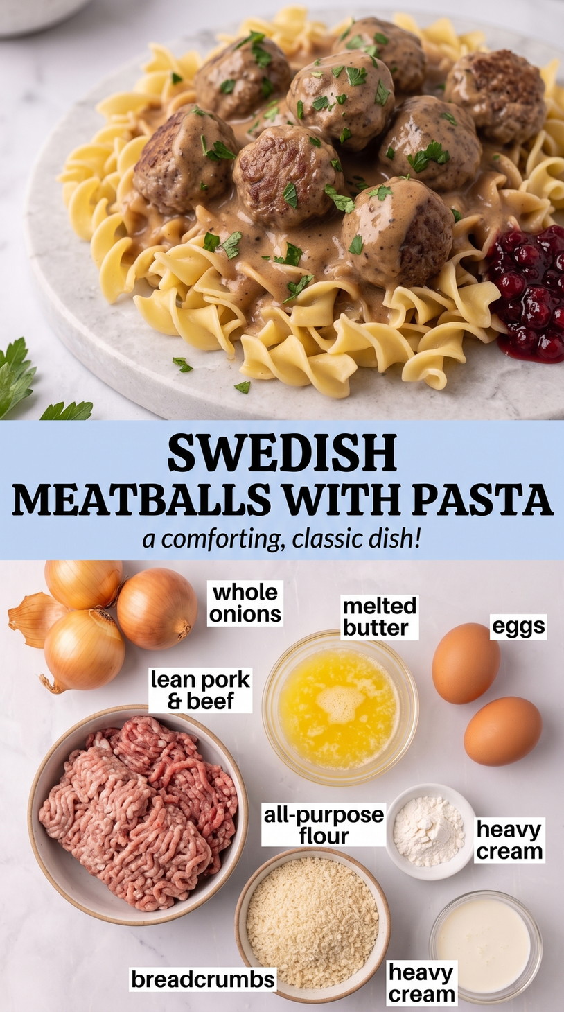 Swedish meatballs with pasta finished dish made with whole onions, ground pork and beef, and melted butter