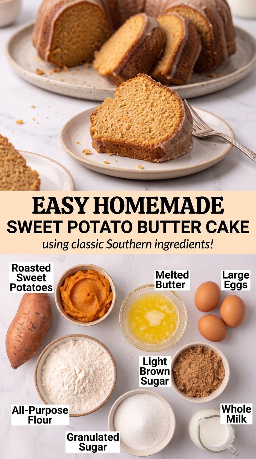 Sweet potato butter cake recipe finished dish made with roasted sweet potatoes, melted butter, and large eggs