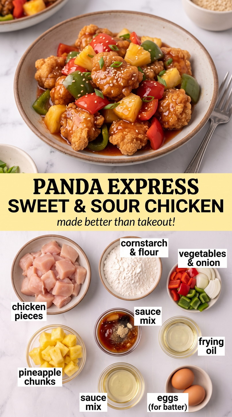 Panda Express sweet and sour chicken finished dish made with chicken pieces, cornstarch, and all-purpose flour