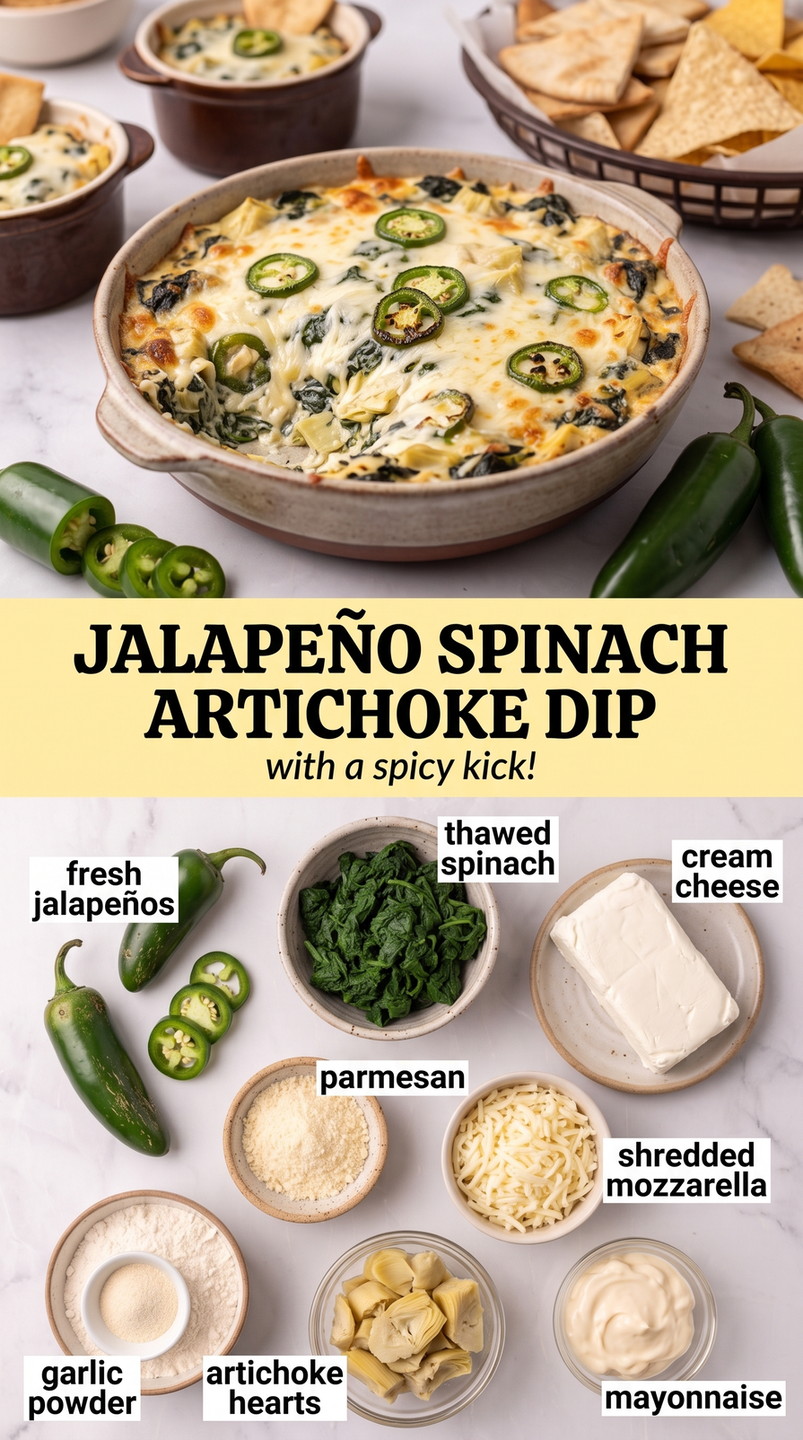 Jalapeño spinach artichoke dip finished dish made with fresh jalapeños, thawed spinach, and cream cheese