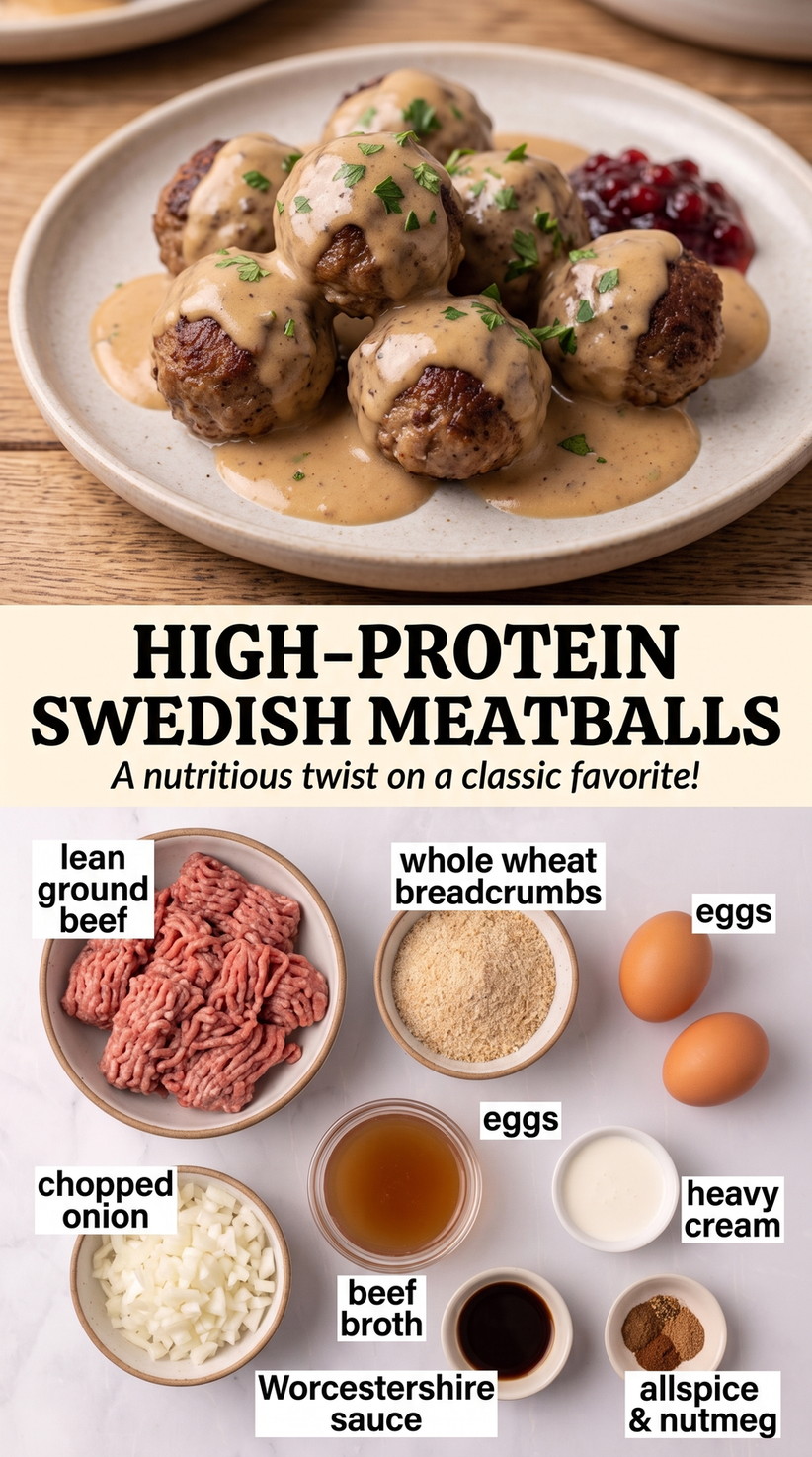 High-protein Swedish meatballs finished dish made with lean ground beef, whole-wheat breadcrumbs, and eggs