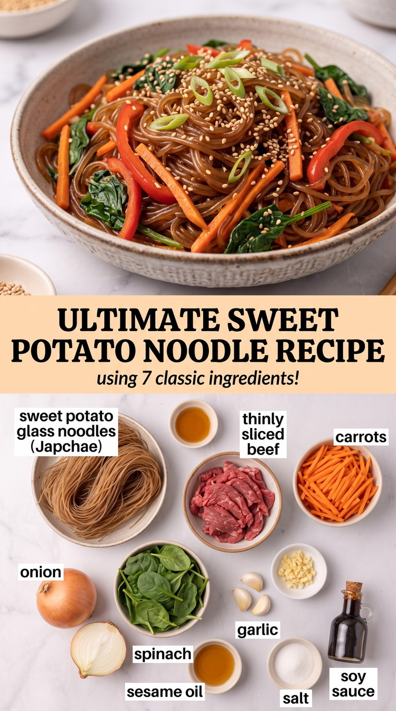 Sweet potato noodles recipe finished dish made with sweet potato glass noodles, thinly sliced beef, and carrots