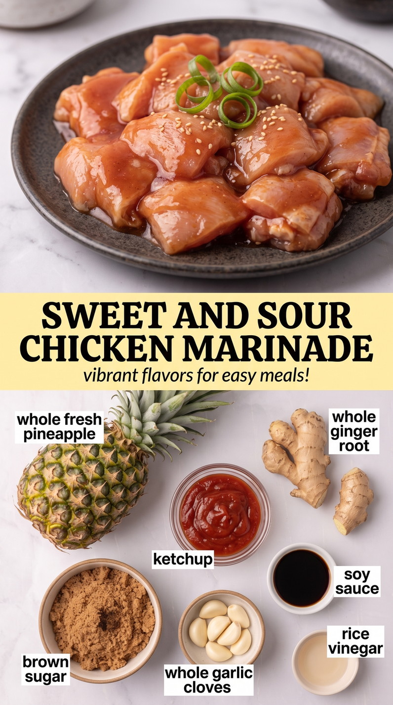 Sweet and sour chicken marinade finished dish made with fresh pineapple, fresh ginger, and ketchup