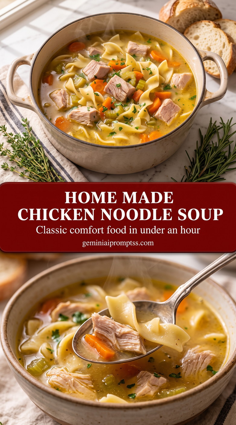 Home Made Chicken Noodle Soup with tender chicken, noodles, carrots, celery, clear golden broth, and a light herb finish
