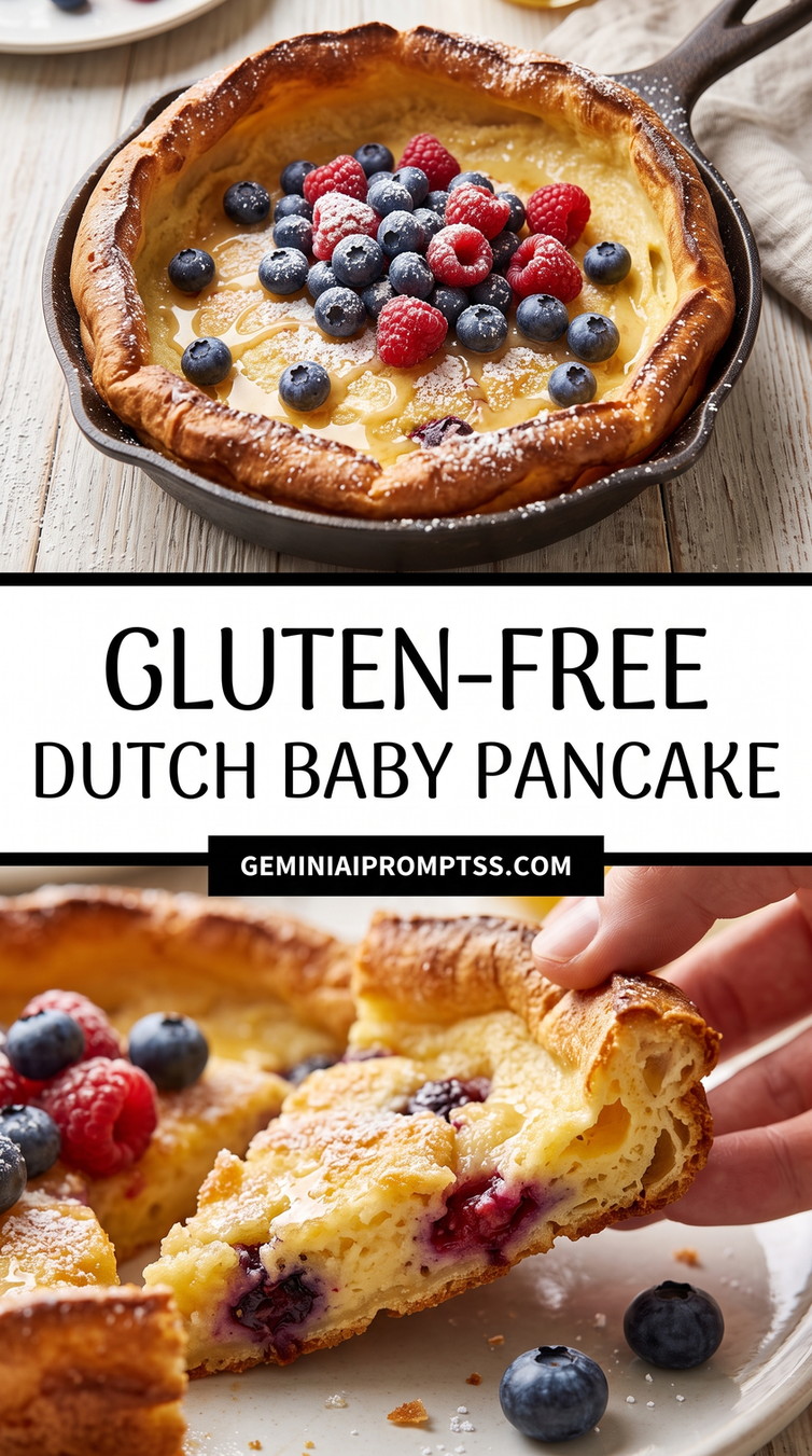 Gluten-free Dutch Baby Pancake showing gluten-free Dutch baby with high browned rim, mixed berries, powdered sugar