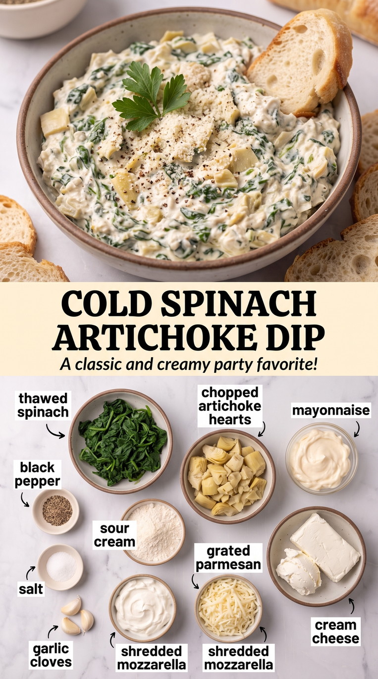 Cold spinach artichoke dip finished dish made with thawed spinach, chopped artichoke hearts, and mayonnaise