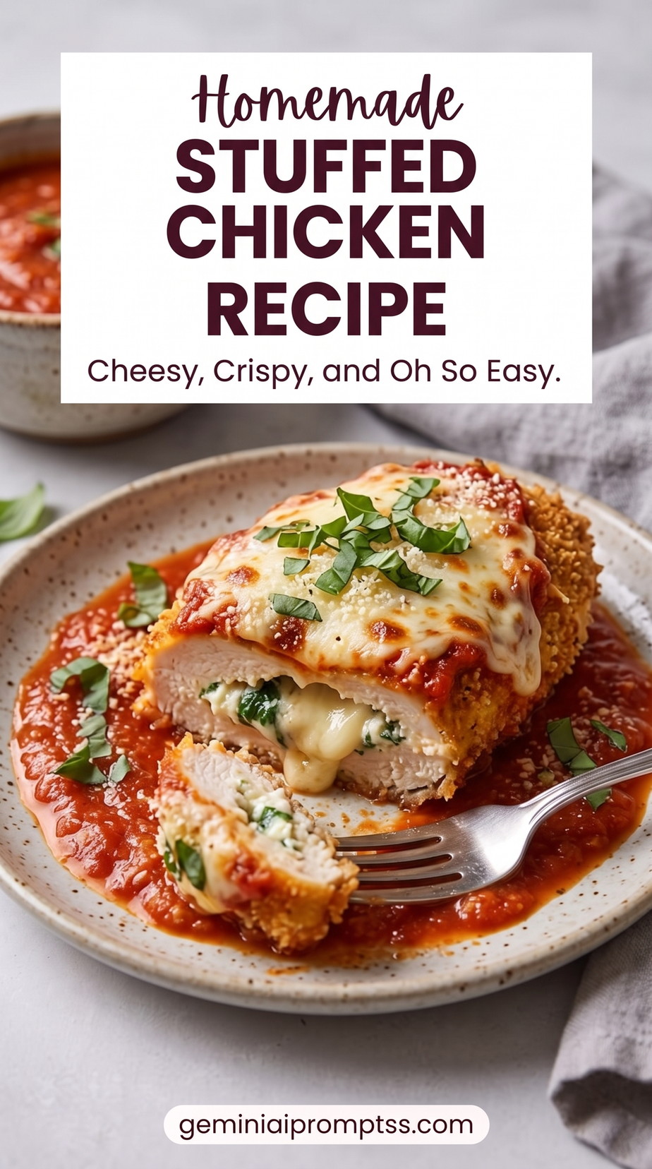 Stuffed Chicken Parmesan Recipe with golden chicken cutlets with a red tomato sauce, melted cheese, Parmesan, and a fresh green herb garnish