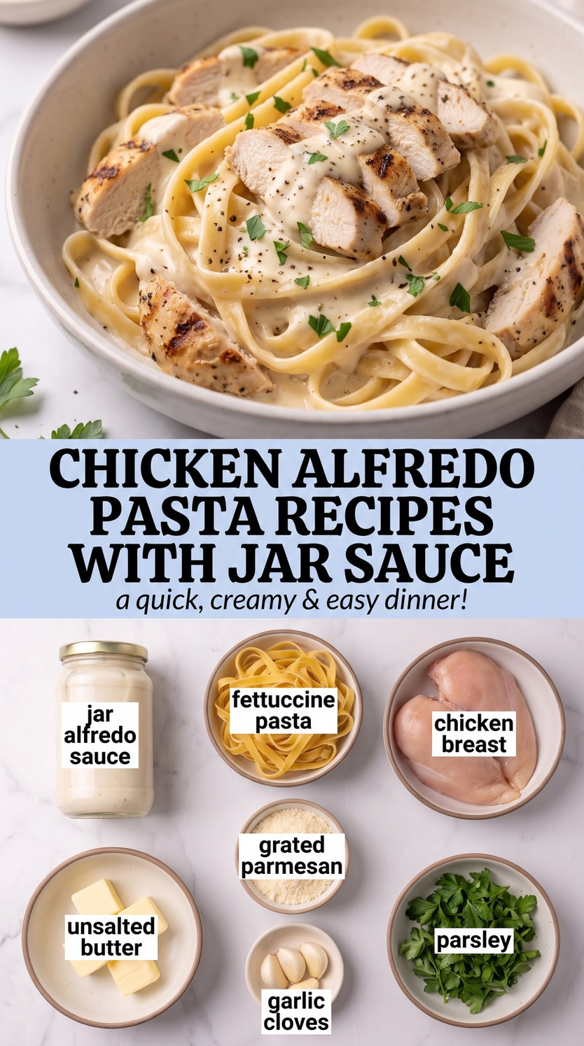 Easy Chicken Alfredo with Jar Sauce - creamy chicken pasta coated in garlic Parmesan sauce