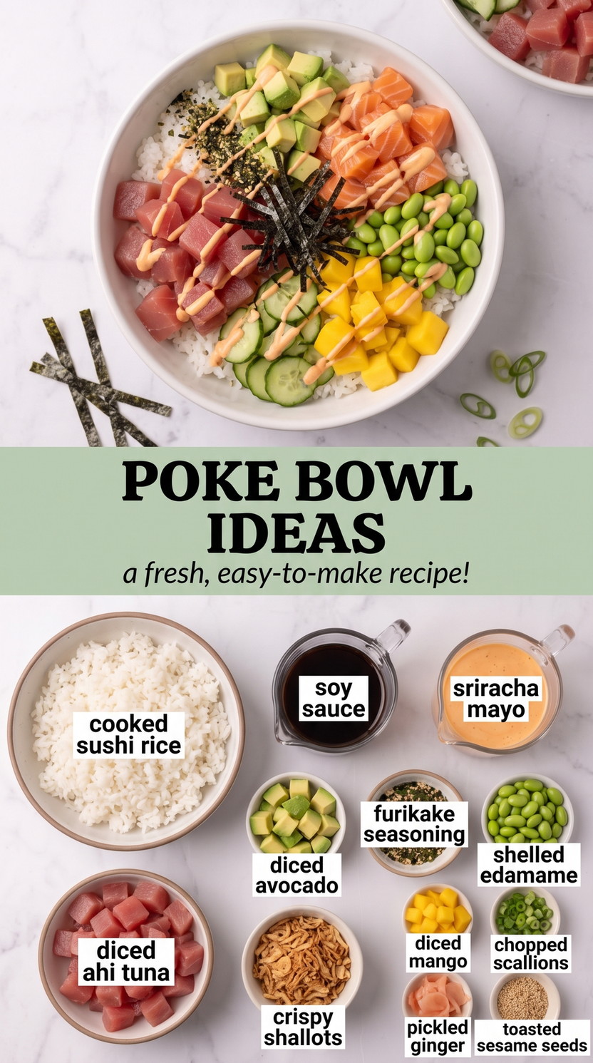 Poke Bowl Ideas showing ahi tuna with rice, avocado, mango, cucumber, edamame, furikake, and crispy shallots