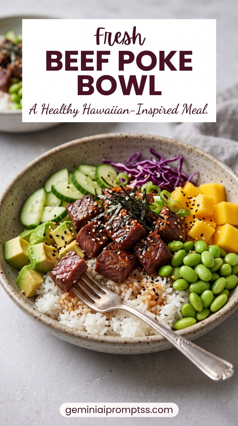 Beef Poke Bowl showing seared beef, rice, avocado, cucumber, mango, edamame, cabbage, sesame, and scallions